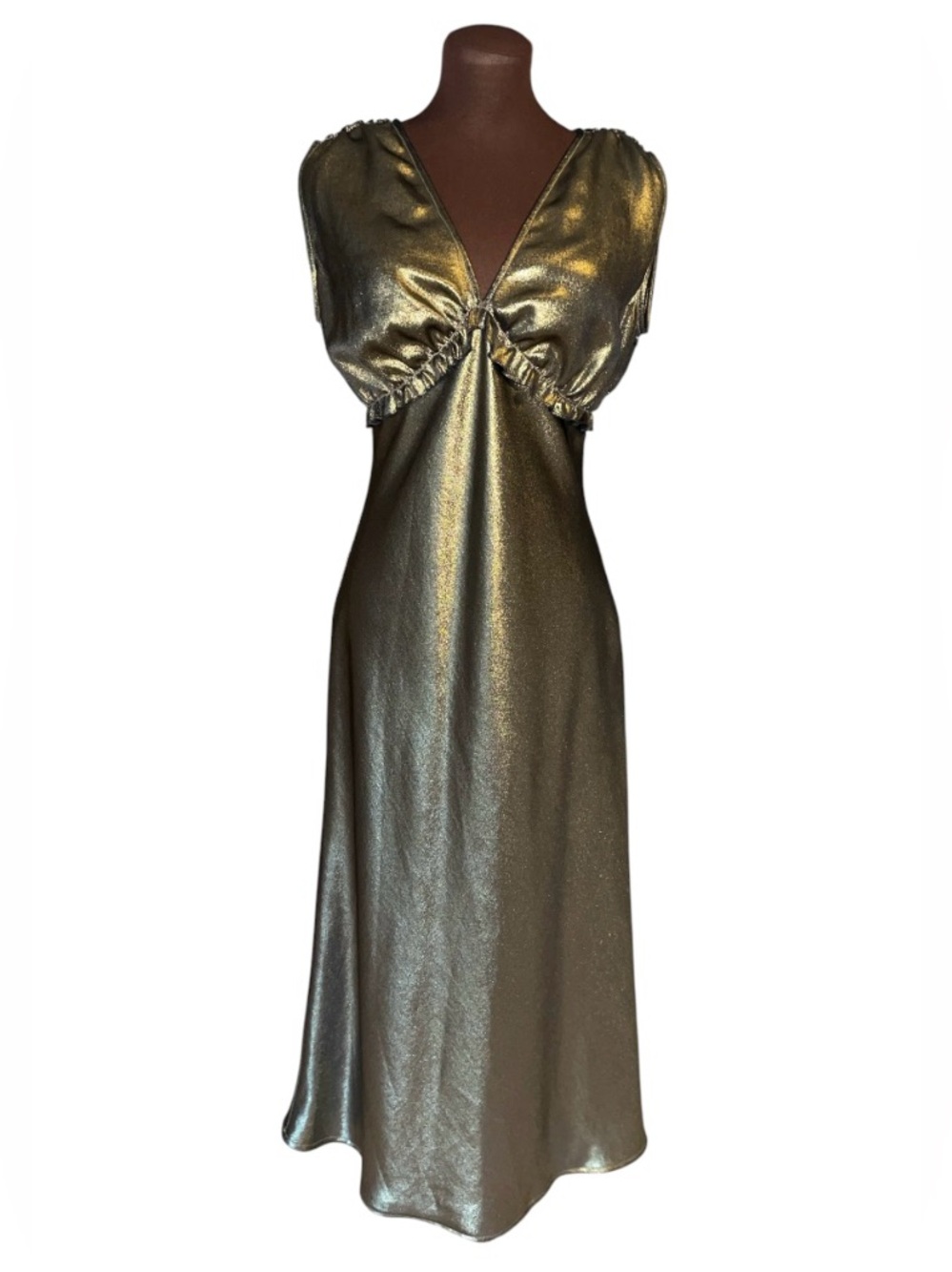 NWT FIFTEEN TWENTY Gold Metallic Shimmer Ruched Ruffled Bodice Maxi Gown Dress